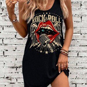 Black Casual Women's Rock Lip Pattern Minimalist Round Neck Plus Size Tank Dress
